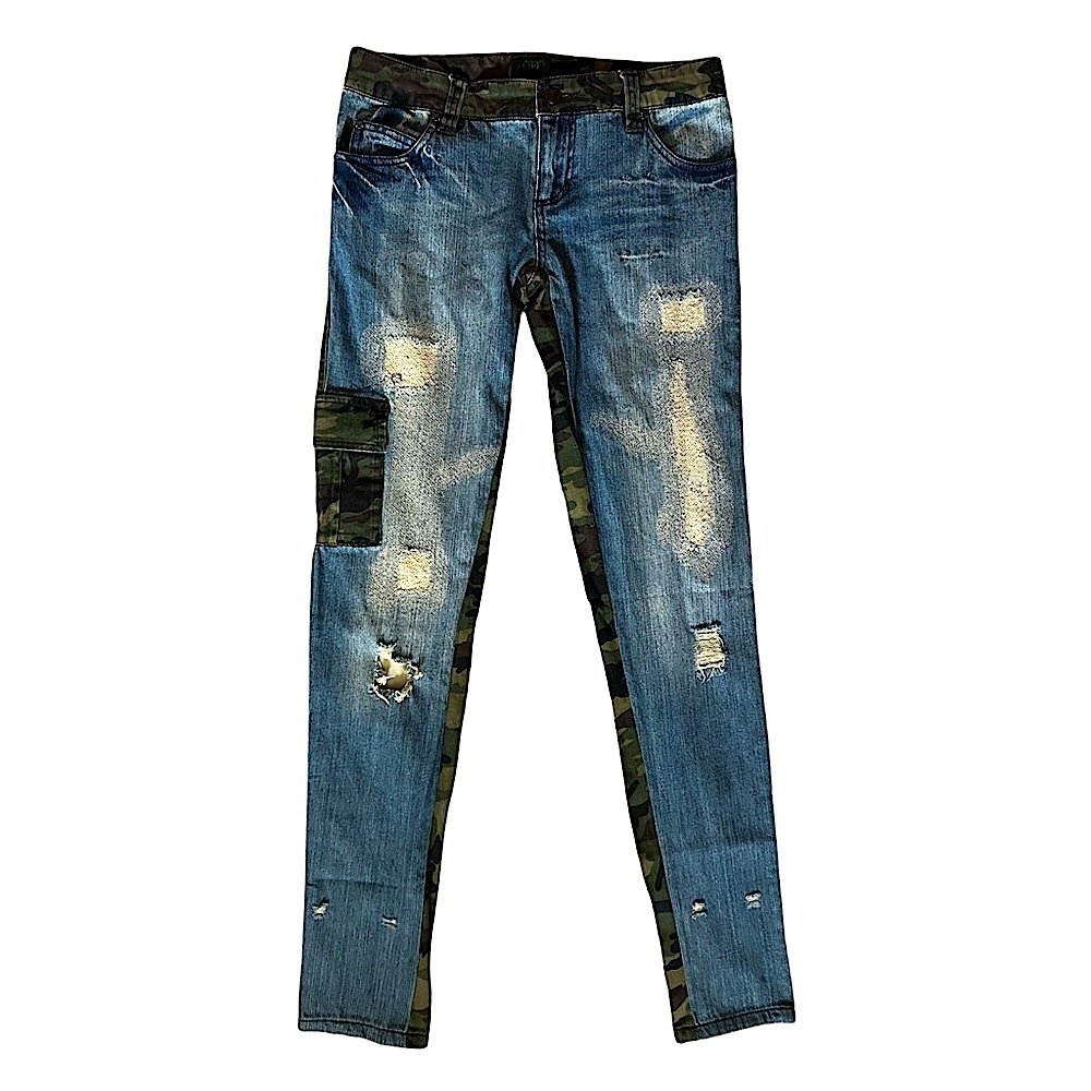 Tripp Nyc Low-Rise Skinny Cargo Camo Jean Blue Green Women’s Size 26/3.